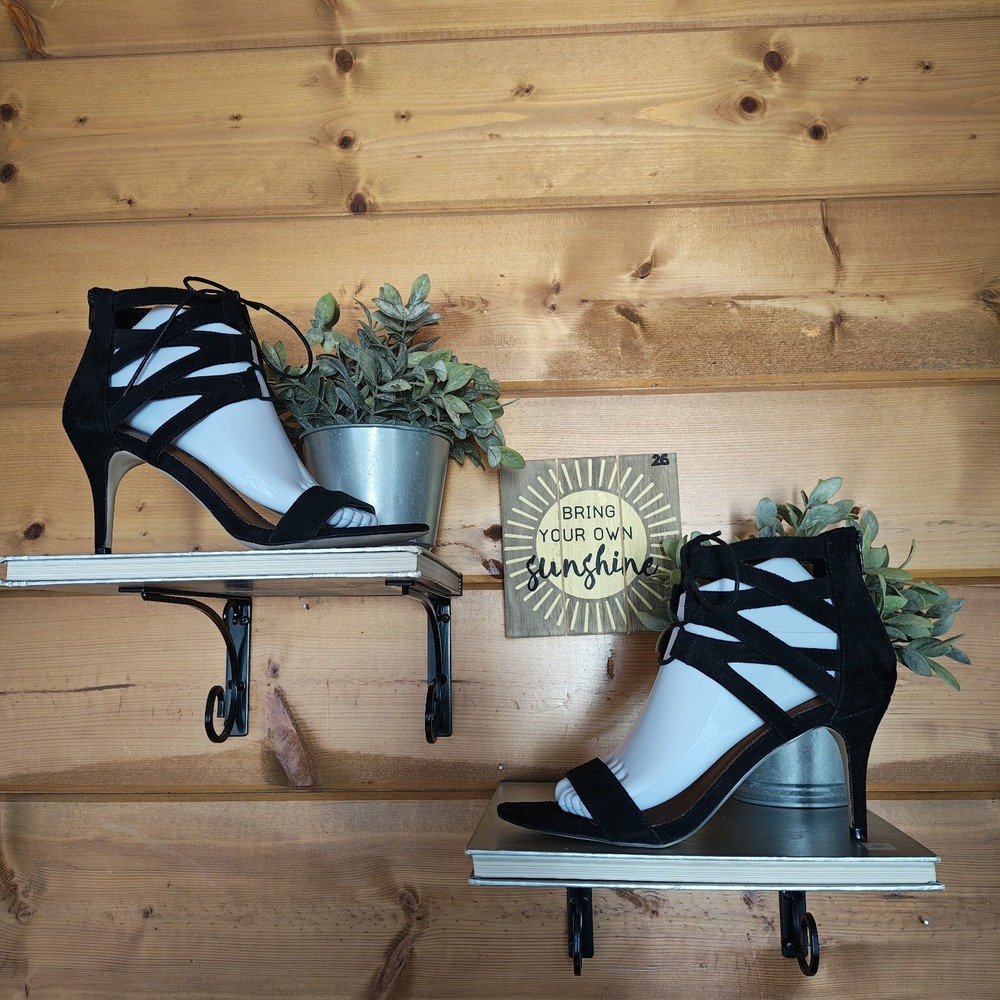 Steve Madden Frankii Black Suede Leather Caged Cutout Stiletto Heel Sandals 8.5M